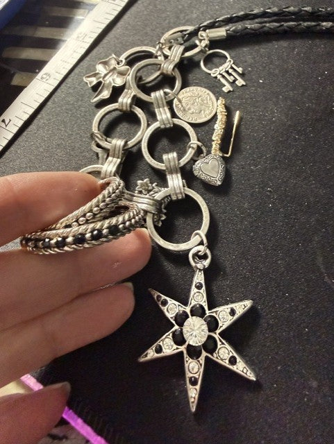 Brighton-Style Silver Charm Necklace & Twisted Rope Hoop Earring Set — Rhinestone Star Pendant, 18"–20"