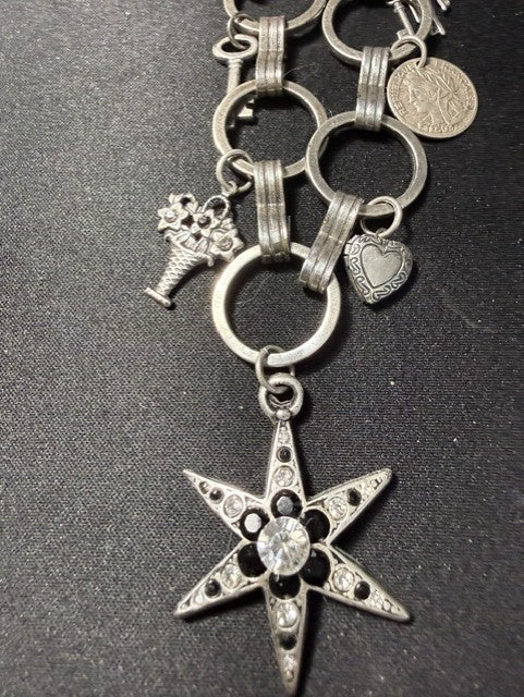 Brighton-Style Silver Charm Necklace & Twisted Rope Hoop Earring Set — Rhinestone Star Pendant, 18"–20"