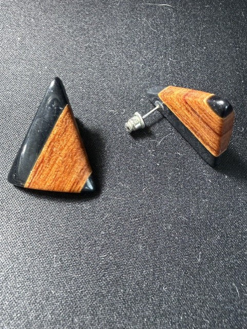 Back view of black resin wood triangle earrings showing silver-tone post and butterfly back
