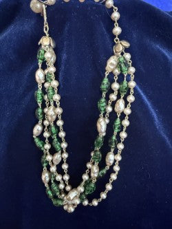 Vintage Signed "Star" 4-Strand Green Glass & Freshwater Pearl Necklace – 14" with Extension