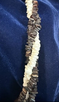 Three-Strand Shell Necklace — Dark Tiger & White Puka Shell, Ornate Gold Clasp, 24", Vintage 1960s–70s