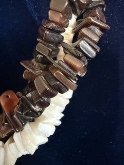 Three-Strand Shell Necklace — Dark Tiger & White Puka Shell, Ornate Gold Clasp, 24", Vintage 1960s–70s