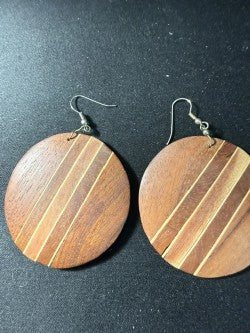 Front view of large round teak and oak inlay wood disc earrings