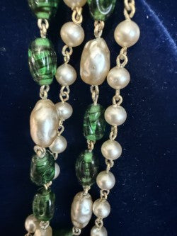 Vintage Signed "Star" 4-Strand Green Glass & Freshwater Pearl Necklace – 14" with Extension
