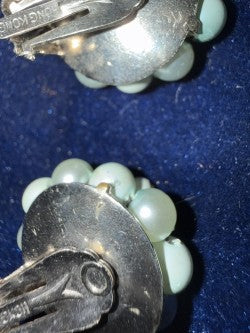 Vintage blue faux pearl cluster clip-on earrings back view showing Made in Hong Kong mark