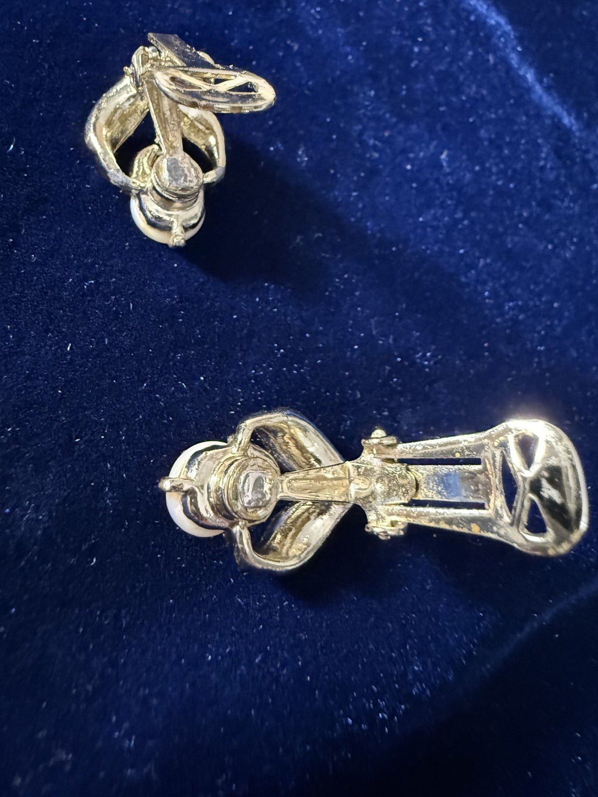 Vintage Mother of Pearl Clip-On Earrings — Gold-Tone Draped Leaf Setting, circa 1960s–70s