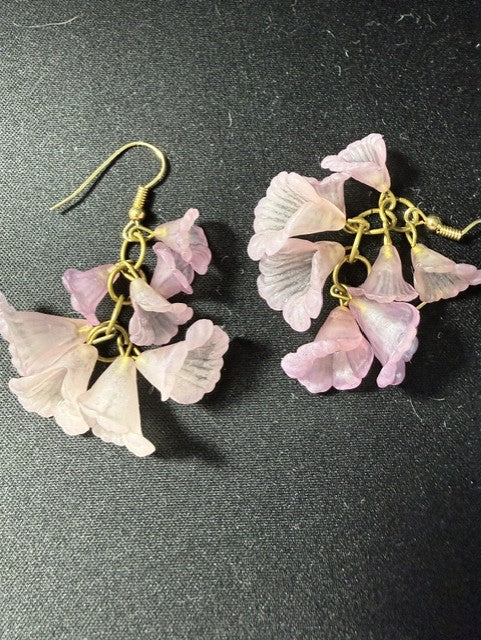 Blush pink cascading flower cluster dangle earrings in frosted glass or lucite on gold-tone chain links