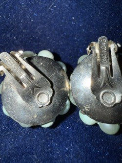 Vintage blue faux pearl cluster clip-on earrings side view showing clip mechanism
