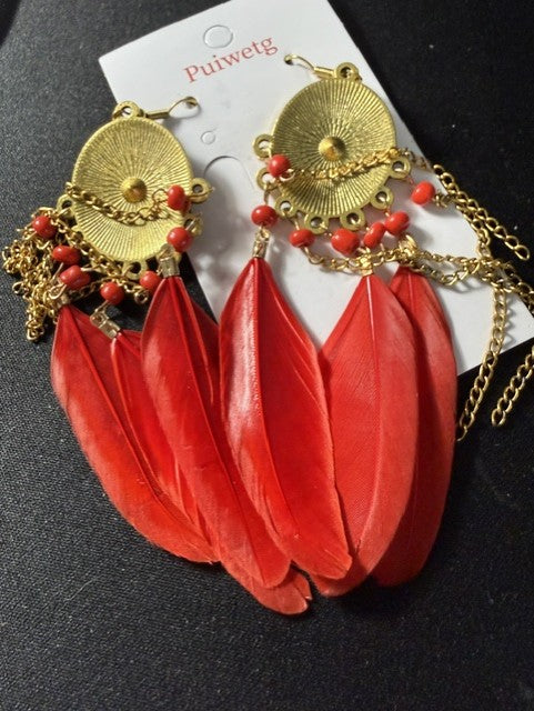 Boho Red Feather & Gold Mandala Drop Earrings — Puiwetg, Long Chandelier Style, New