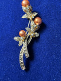 Monet Vintage Gold-Tone Floral Spray Brooch – Copper Faux Pearls & Amber Rhinestones, Signed