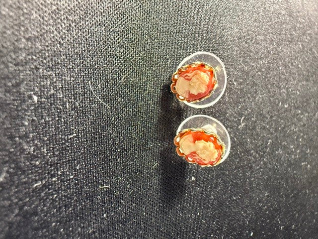 Vintage Resin Cameo Stud Earrings — Filigree Gold-Tone Bezel, Oval, Pierced