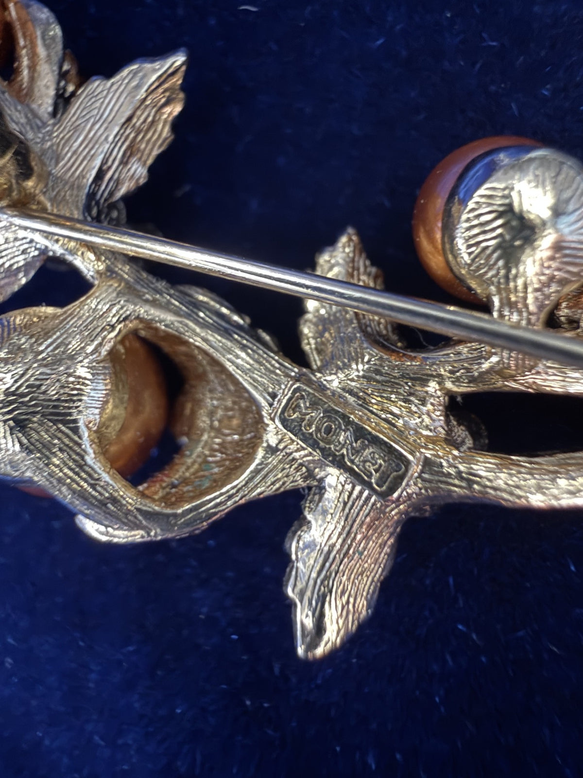 Monet Vintage Gold-Tone Floral Spray Brooch – Copper Faux Pearls & Amber Rhinestones, Signed