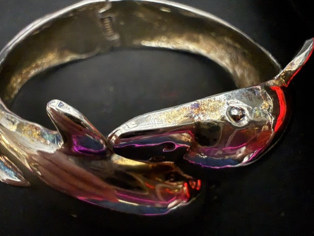Sculptural dolphin bangle bracelet - enamel detail close-up
