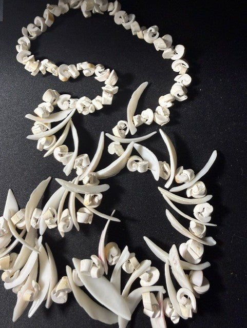 Vintage marginella shell rosette necklace full view — hand-assembled spiral shell clusters, 30 inches