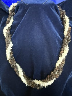 Three-Strand Shell Necklace — Dark Tiger & White Puka Shell, Ornate Gold Clasp, 24", Vintage 1960s–70s