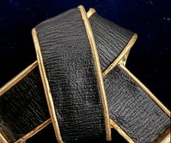Vintage Brooks Brothers black leather gold-tone ribbon bow brooch front view