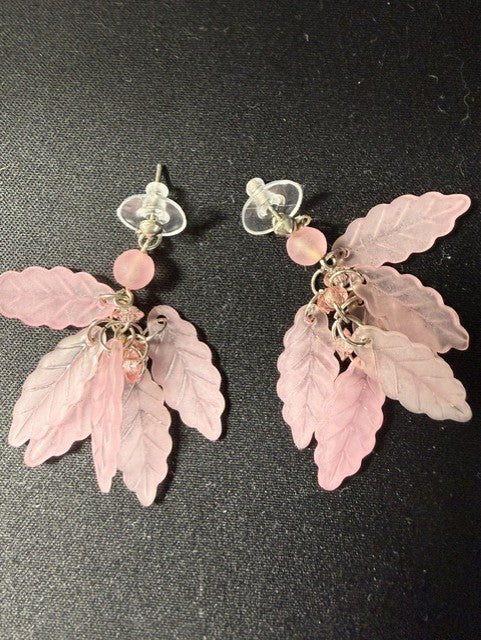 Blush pink cascading leaf cluster dangle earrings in frosted glass or lucite with clear flower stud top