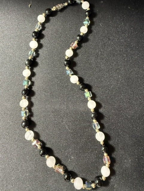 Handmade black and white onyx peacock glass bead necklace full view