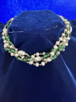 Vintage Signed "Star" 4-Strand Green Glass & Freshwater Pearl Necklace – 14" with Extension