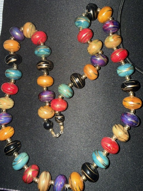 Hand Painted Wood Rondelle Bead Necklace – 28"