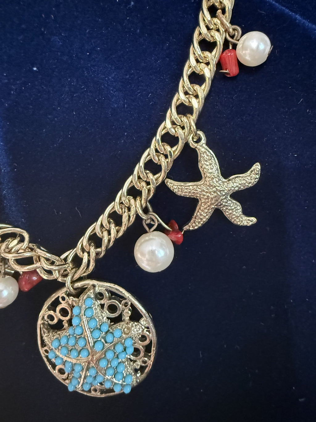 Bella Del Mar Gold-Tone Coastal Charm Necklace — Turquoise Starfish Pendant, Pearl & Coral Beads
