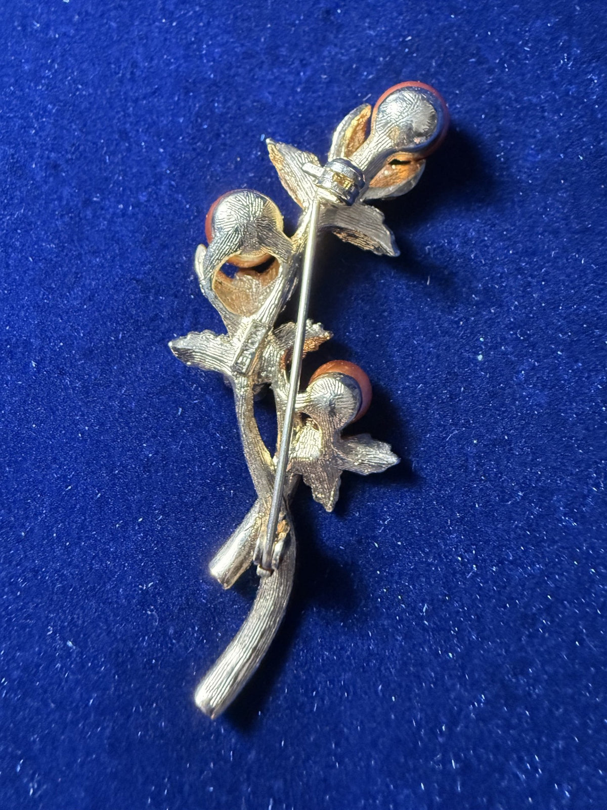 Monet Vintage Gold-Tone Floral Spray Brooch – Copper Faux Pearls & Amber Rhinestones, Signed