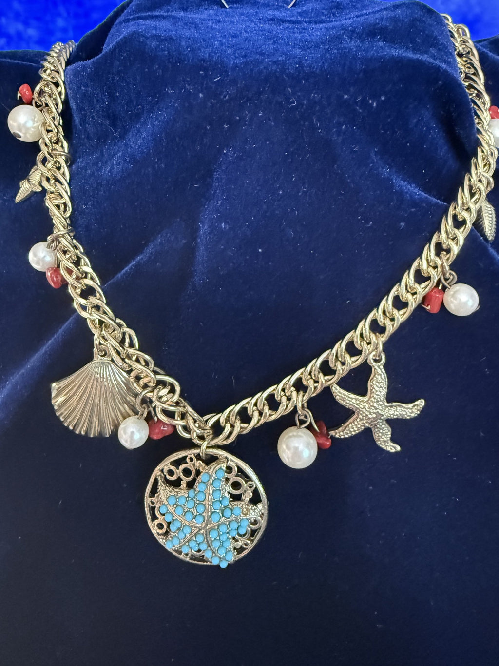 Bella Del Mar Gold-Tone Coastal Charm Necklace — Turquoise Starfish Pendant, Pearl & Coral Beads