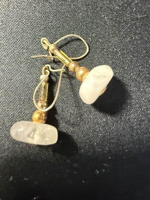Handmade rose quartz chip dangle earrings with gold-tone bead spacers on kidney wire hooks