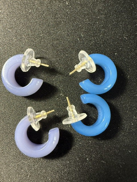 Two pairs of vintage B+D Danish lucite hoop earrings in periwinkle and sky blue