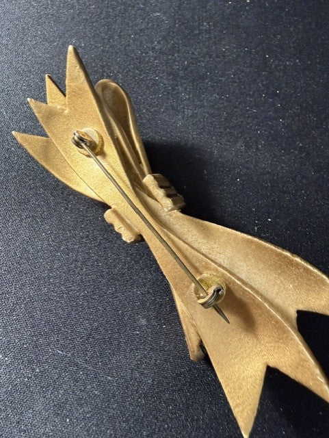Vintage Gold-Tone Celluloid Bow Brooch with Rhinestones
