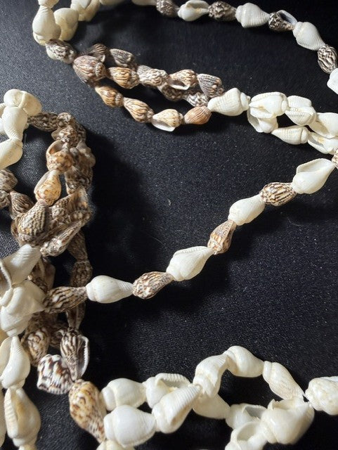 Full length view of 35-inch two-tone shell necklace showing complete alternating pattern