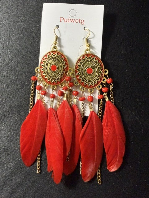 Boho Red Feather & Gold Mandala Drop Earrings — Puiwetg, Long Chandelier Style, New