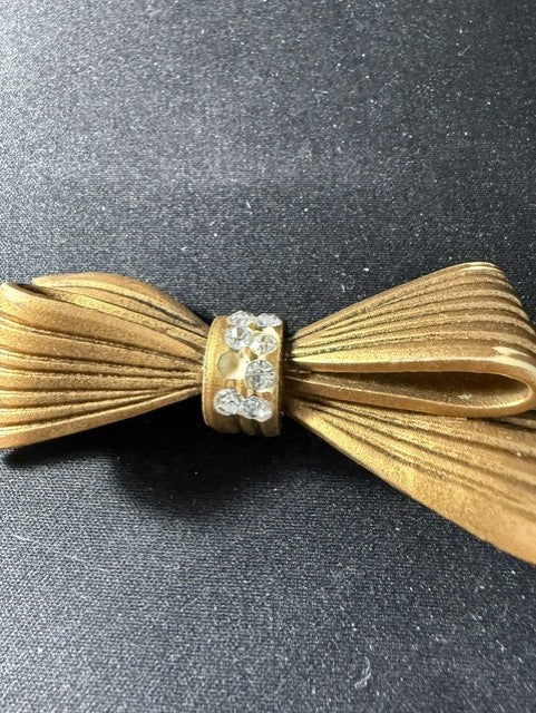 Vintage Gold-Tone Celluloid Bow Brooch with Rhinestones