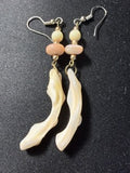 Handmade mother-of-pearl shell stick dangle earrings with peach rondelle and cream bead accents