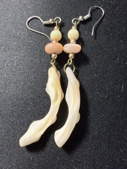 Handmade mother-of-pearl shell stick dangle earrings with peach rondelle and cream bead accents