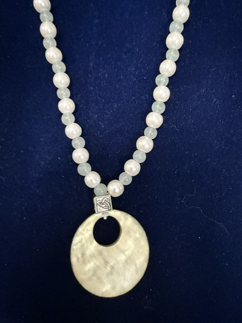Jade & Freshwater Pearl Necklace with Mother of Pearl Pendant — 20" Celtic Knot Design — A Katt's Stuff Creation