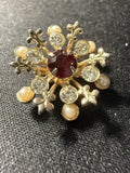 Victorian Revival Starburst Brooch — Red Glass, Faux Pearl & Clear Rhinestone, Gold Tone, Mid-Century Costume