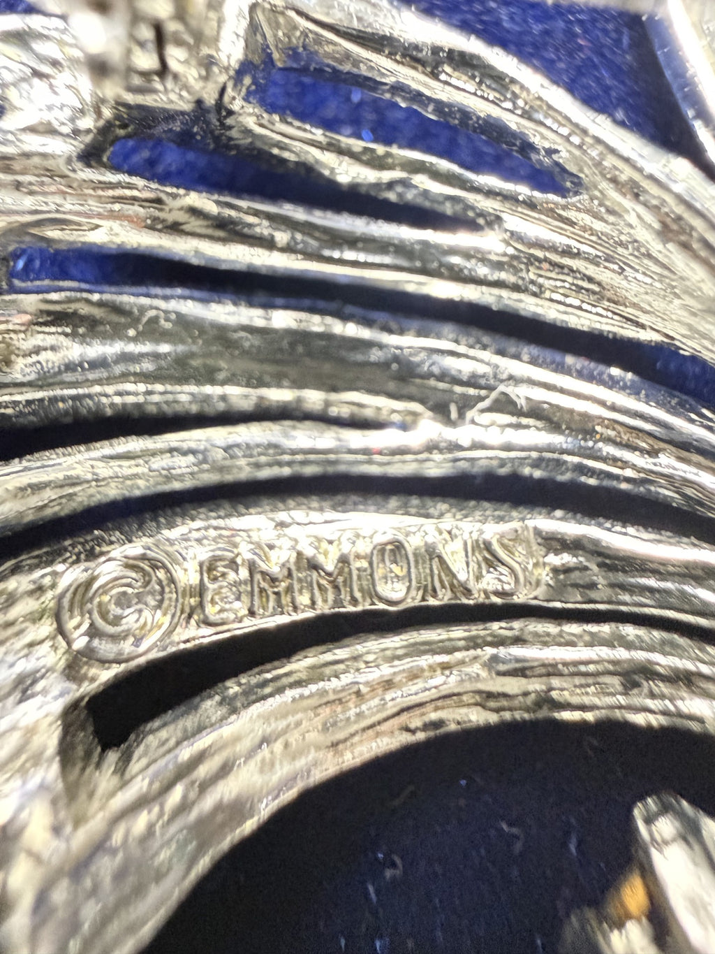 Emmons Vintage Silver-Tone Brushed Ribbon Spray Brooch – Blue Rhinestone Dangle, Signed