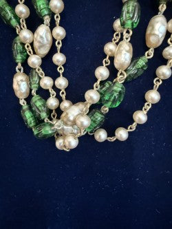 Vintage Signed "Star" 4-Strand Green Glass & Freshwater Pearl Necklace – 14" with Extension