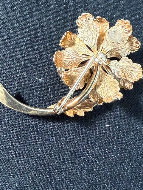 Vintage Coro 12kt Gold Filled Flower Brooch – Blue Rhinestone Center, Signed