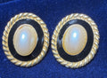 Lady Remington Vintage Black Enamel & Faux Pearl Pierced Earrings – Gold-Tone Rope Border