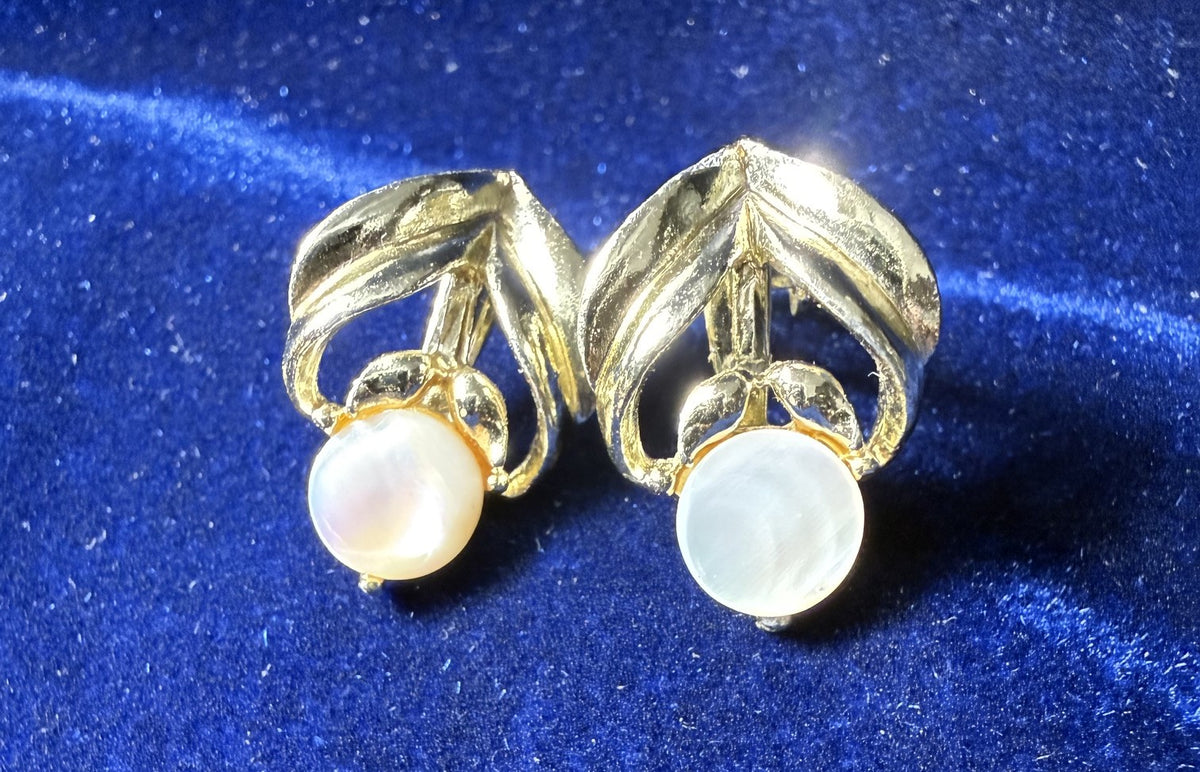 Vintage Mother of Pearl Clip-On Earrings — Gold-Tone Draped Leaf Setting, circa 1960s–70s