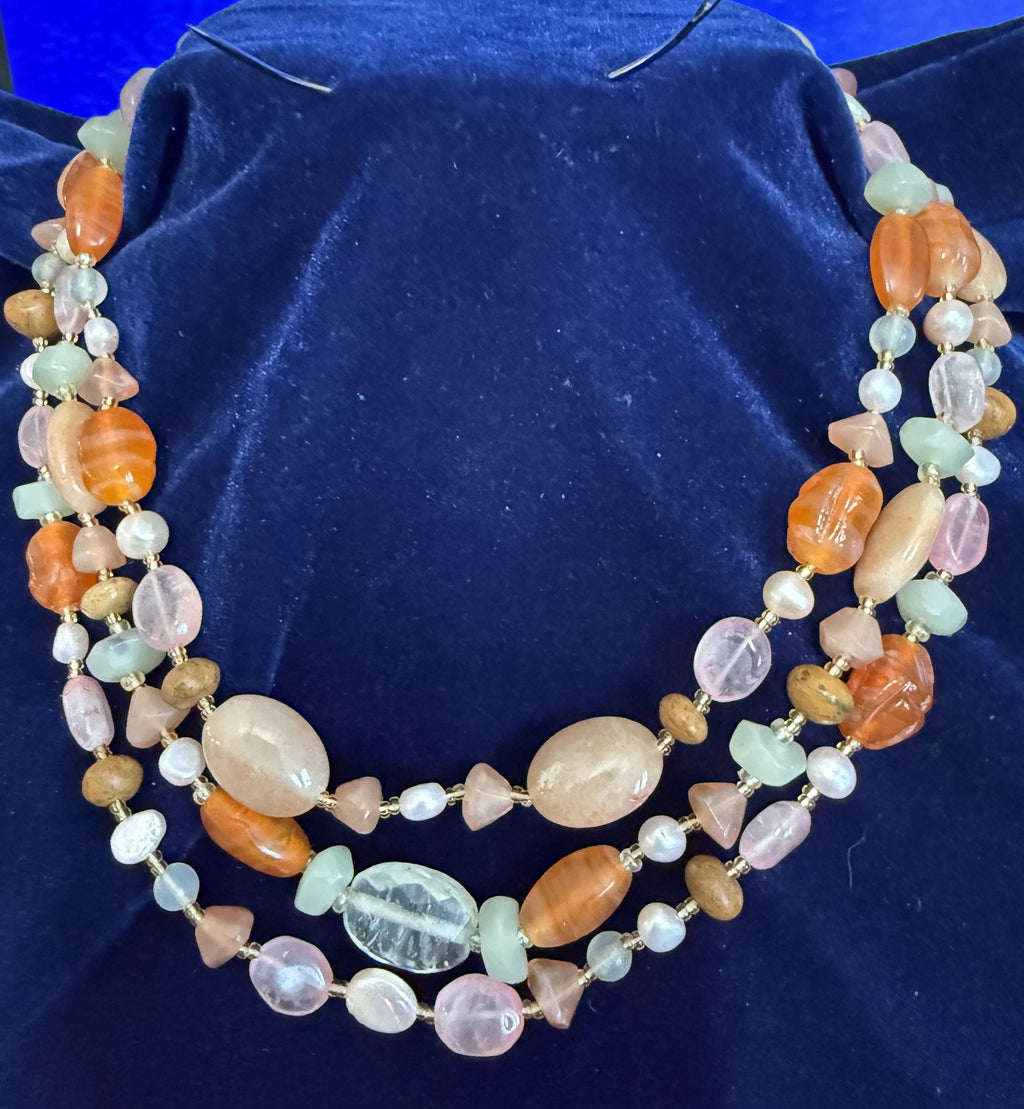 Vintage 3-strand gemstone necklace hero shot on navy velvet — carnelian, rose quartz, aquamarine, burlwood and pink freshwater pearls, 18"