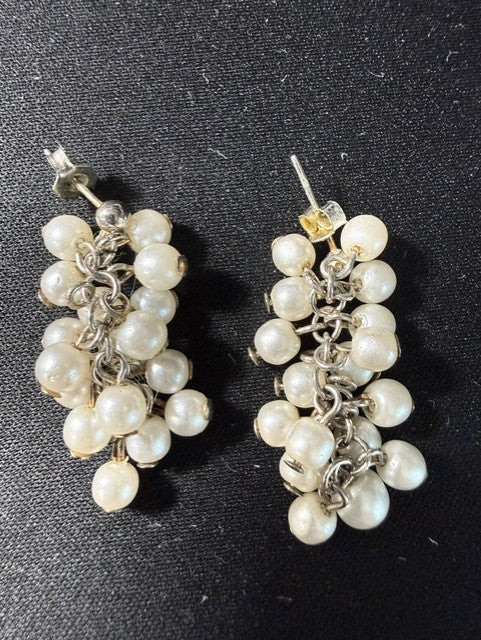 Vintage Seed Pearl Cluster Drop Earrings — Sterling Silver Findings, 1.25", Pierced