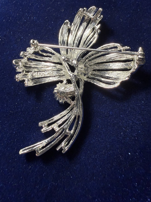 Emmons Vintage Silver-Tone Brushed Ribbon Spray Brooch – Blue Rhinestone Dangle, Signed