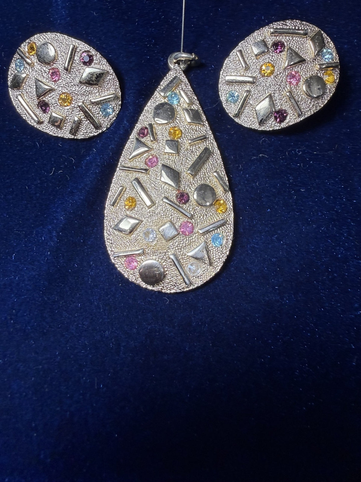 Sarah Coventry Multicolor Rhinestone Teardrop Pendant & Clip Earring Set