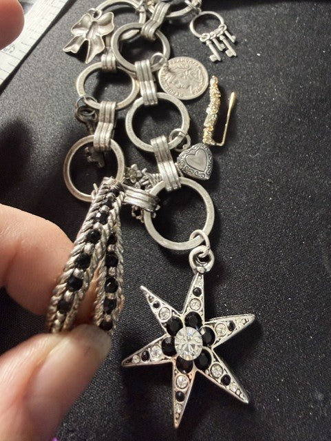 Brighton-Style Silver Charm Necklace & Twisted Rope Hoop Earring Set — Rhinestone Star Pendant, 18"–20"