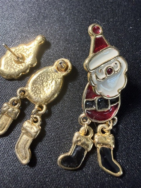 Vintage gold-tone enamel Santa Claus dangle pierced earrings front and back view