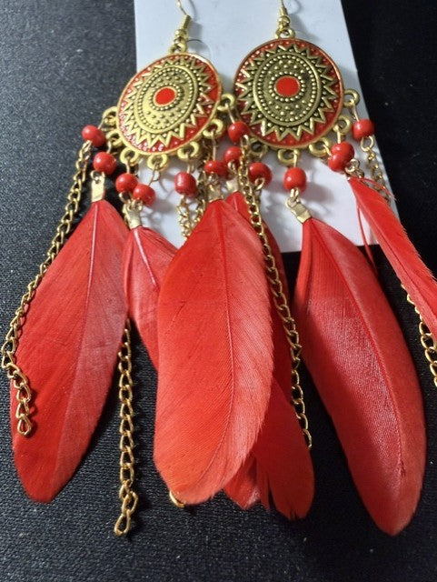 Boho Red Feather & Gold Mandala Drop Earrings — Puiwetg, Long Chandelier Style, New