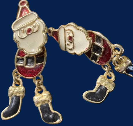 Vintage gold-tone enamel Santa Claus dangle pierced earrings front view